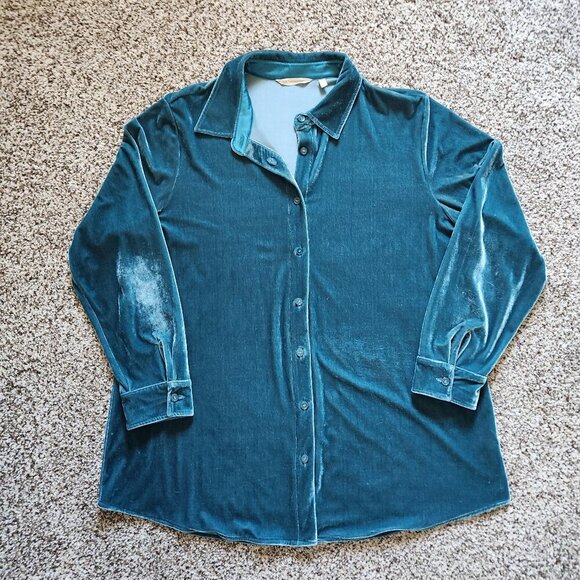 Soft Surroundings Tops - Soft Surroundings Velvet Boyfriend Tunic Shirt Teal Long Sleeve Top Size XL READ